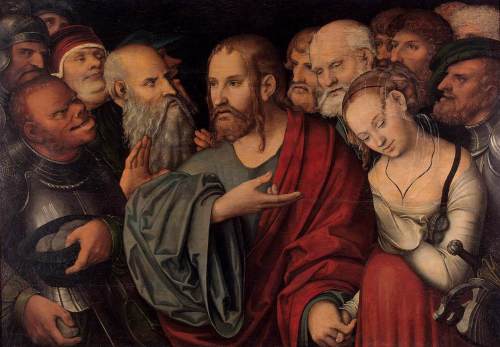 Lucas Cranach il Giovane (1515, Wittenberg - 1586, Weimar), “Cristo e la donna colta in adulterio”, dopo il 1532, Olio su cuoio trasferito da tavola, 84 x 123 cm, The Hermitage, St. Petersburg