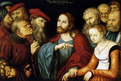 Lucas Cranach il Vecchio (1472, Kronach - 1553, Weimar), “Cristo e la donna colta in adulterio”, 1532, Olio su tavola, 82,5 x 121 cm, Museum of Fine Arts, Budapest